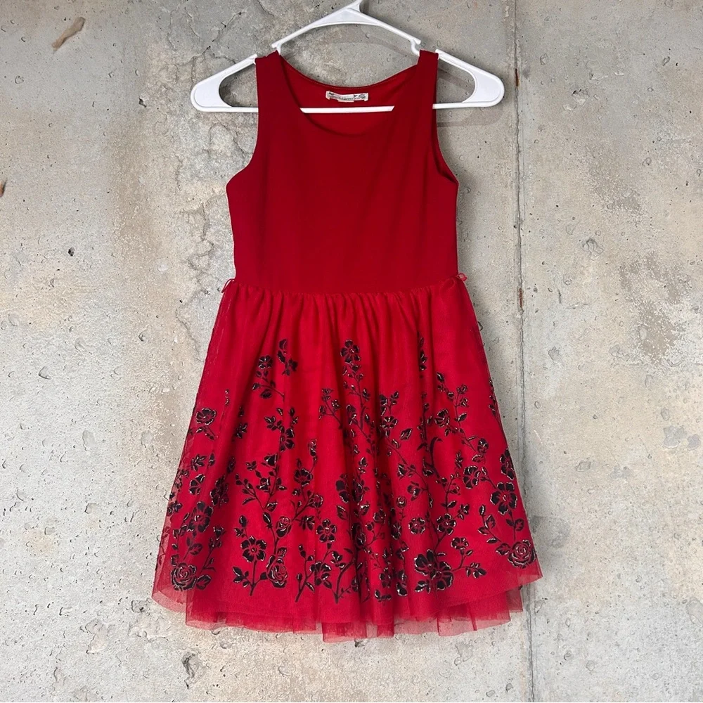 Knit works red black glitter floral fit flare a line dress 8